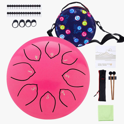 Picture of Steel Tongue Drum Kids Instrument: Musical Metal Tank Drums Set 6 Inch 8 Notes C-Key for Meditation Yoga Education Percussion with Bag, Music Book, Mallets, Finger Picks(Pink)