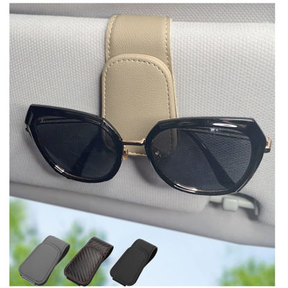 Picture of CHOSMOYI Magnetic Leather Sunglass Holder for Car, Sunglasses Clip for Car Visor, Auto Interior Accessories Universal for Different Size Eyeglasses (Beige)