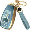 Picture of for Subaru Outback Key Fob Cover and Leather Keychain, 4 Buttons Full Cover Key Case for Crosstrek, Forester, Impreza, Legacy, STI WRX - 2016-2025 TPU Keyfob Cover for HYQ14AHK - Blue and Gold