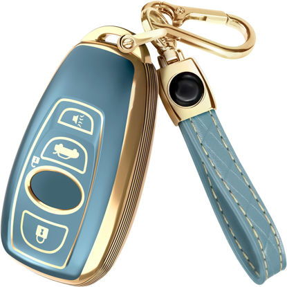Picture of for Subaru Outback Key Fob Cover and Leather Keychain, 4 Buttons Full Cover Key Case for Crosstrek, Forester, Impreza, Legacy, STI WRX - 2016-2025 TPU Keyfob Cover for HYQ14AHK - Blue and Gold