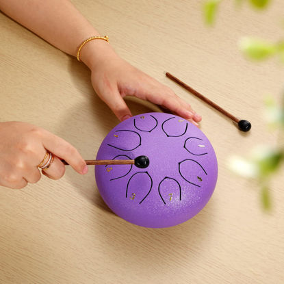 Picture of ZXZYHFTY Steel Tongue Drum, 6 Inch 8 Note Steel Hand Drum with Bag, Music Book, Drumsticks, Mallet Holder and Finger Paddles, for Camping, Meditation or Yoga (Purple)