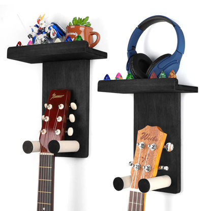 Picture of Keebofly Guitar Wall Hanger,2 Pack Guitar Wall Mount Holder Guitar Hanger Shelf with Pick Holder Wood Guitar Rack for Acoustic or Electric Guitar,Ukulele,Bass,Mandolin Black,[Patented]