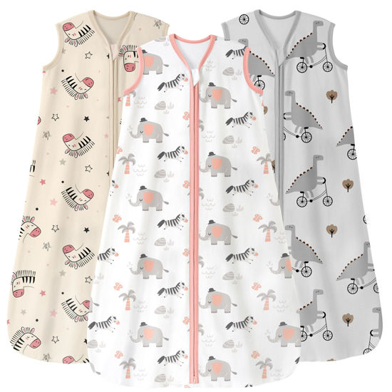Picture of Unnivoll Baby Sleep Sack 6-12 Months 3 Pack 100% Cotton Lightweight 0.5 TOG Wearable Blanket Baby Sleep Bag with 2-Way Zipper for Newborn Infant Pink Apricot Gray Zebra