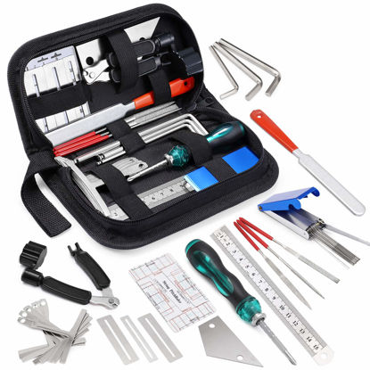 Picture of MIFOGE 25Pcs Guitar Repairing Tools Kit Setup Kit with Carry Bag for Acoustic Electric guitar Ukulele Bass Banjo Maintenance Tool with Ruler Gauge Measuring Tool Hex Wrench Files Fingerboard Guard