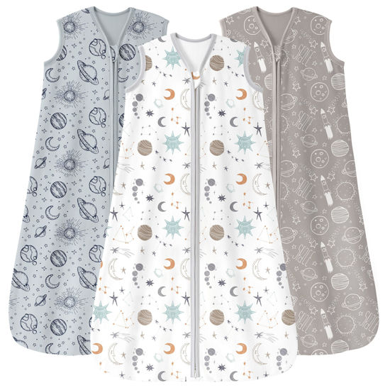 Picture of Unnivoll Baby Sleep Sack 6-12 Months 3 Pack 100% Cotton Lightweight 0.5 TOG Wearable Blanket Baby Sleep Bag with 2-Way Zipper for Newborn Infant White Gray Blue Space