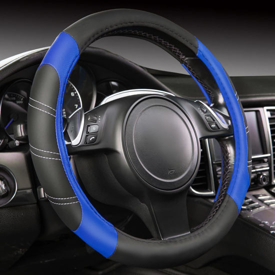 Picture of CAR PASS Line Rider Microfiber 14 Inch Leather Sporty Steering Wheel Cover Universal Fits for Truck,SUV,Cars, Anti-Slip Safety Comfortable Desgin (Black-Blue)