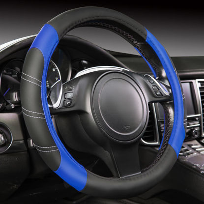 Picture of CAR PASS Line Rider Microfiber 15.5-16 Inch Leather Sporty Steering Wheel Cover Universal Fits for Truck SUV Cars Pick up, Anti-Slip Safety Comfortable Design (Black and Blue)