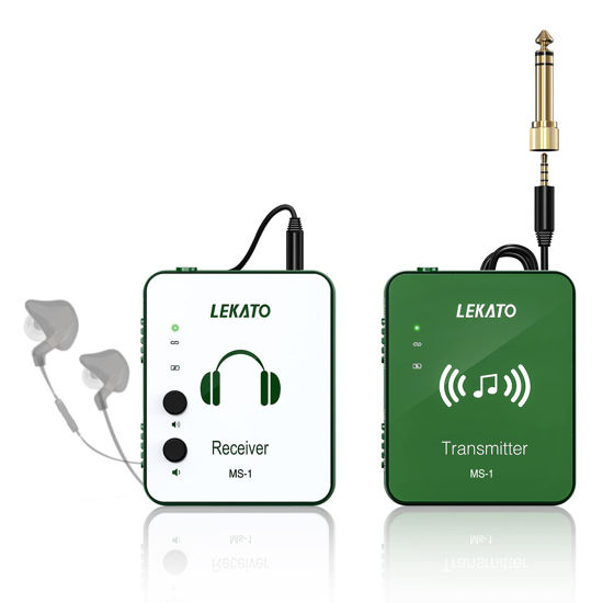 Picture of LEKATO Wireless in Ear Monitor System, 2.4G Stereo Wireless IEM System with Transmitter Beltpack Receiver Automatic Pairing, for Studio, Band Rehearsal, Live Performance,Green