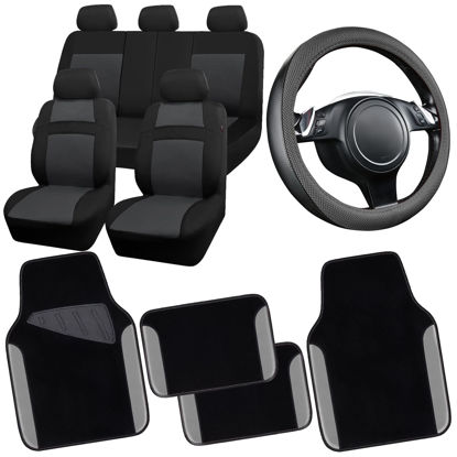 Picture of CAR PASS 3D Air Mesh Car Seat Covers Full Sets w/5mm Sponge, 4Pcs Waterproof Car Floor Mats, Steering Wheel Cover Universal Fit for SUV Sedan Truck, Airbag Compatible Automotive Interior(Black Gray)