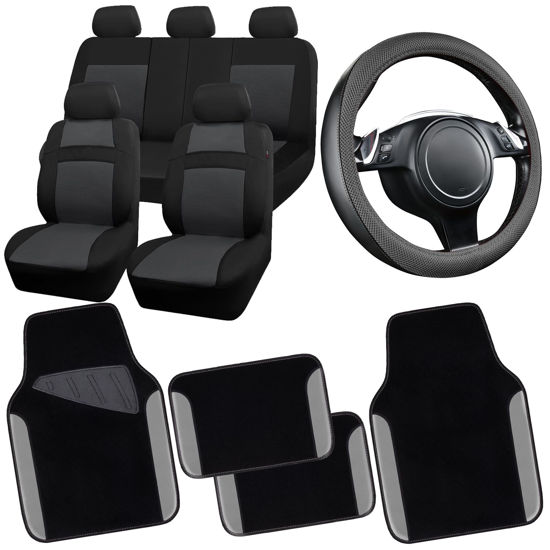 Picture of CAR PASS 3D Air Mesh Car Seat Covers Full Sets w/5mm Sponge, 4Pcs Waterproof Car Floor Mats, Steering Wheel Cover Universal Fit for SUV Sedan Truck, Airbag Compatible Automotive Interior(Black Gray)