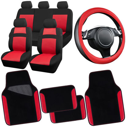 Picture of CAR PASS 3D Air Mesh Car Seat Covers Full Sets w/5mm Sponge, 4Pcs Waterproof Car Floor Mats, Steering Wheel Cover Universal Fit for SUV Sedan Truck, Airbag Compatible Automotive Interior(Black & red)