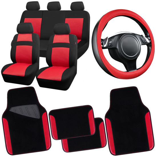 Picture of CAR PASS 3D Air Mesh Car Seat Covers Full Sets w/5mm Sponge, 4Pcs Waterproof Car Floor Mats, Steering Wheel Cover Universal Fit for SUV Sedan Truck, Airbag Compatible Automotive Interior(Black & red)