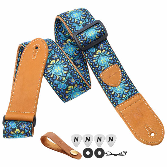 Picture of Nefelibata Guitar Strap,Double leather ends,Vintage Woven W/FREE BONUS-4 Picks+Strap Locks+Strap Button,Best Gift For Bass,Electric&Acoustic Guitars for Guitar(Vintage blue yellow embroidery)
