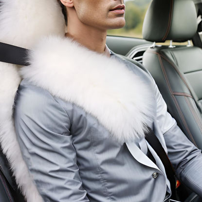 Picture of Long Wool Sheepskin Seat Belt Covers, SeatBelt Pads for Adults Kids Women Universal Car 2 Pack (White)