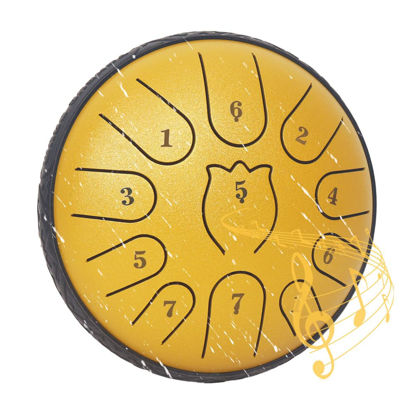 Picture of Rain Drum for Outside Garden,Steel Tongue Drum 6 Inche 11 Note Steel Drums Rain Chime,Raindrop Drum,with Soft Bag,Music Book,2 Mallets（Yellow）