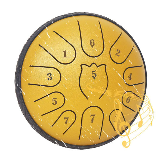 Picture of Rain Drum for Outside Garden,Steel Tongue Drum 6 Inche 11 Note Steel Drums Rain Chime,Raindrop Drum,with Soft Bag,Music Book,2 Mallets（Yellow）