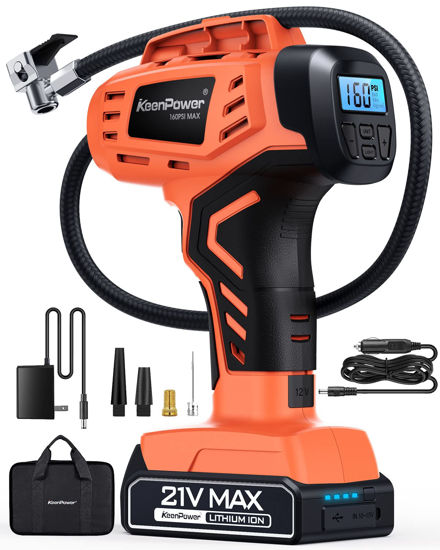 Picture of KeenPower Tire Inflator Air Compressor, 21V Cordless Car Tire Pump with Rechargeable Li-ion Battery, 12V Car Power Adapter, Digital Pressure Gauge, Suitable for Cars E-bikes Balls Motorcycles