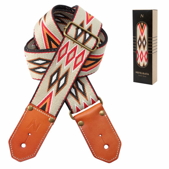 Picture of Nefelibata Cool Woven Guitar Strap - Cotton Guitar Straps with Thicked First Layer Vegetable Tanned Cowhide Leather Ends for Acoustic, Bass, Electric, Gift for Your Love Guitarists