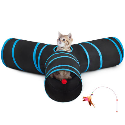 Picture of Tempcore Pet Cat Tunnel Tube Cat Toys 3 Way Collapsible, Cat Tunnels for Indoor Cats，Kitty Tunnel Bored Cat Pet Toys Peek Hole Toy Ball Cat, Puppy, Kitty, Kitten, Rabbit Blue Large Size