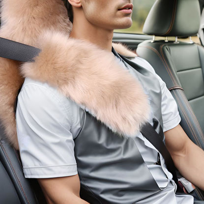 Picture of Long Wool Sheepskin Fuzzy Fluffy Seat Belt Covers, SeatBelt Pads for Adults Kids Women Universal Car 2 Pack (Light Brown)