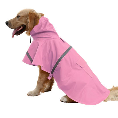 Picture of NACOCO Large Dog Raincoat Adjustable Pet Water Proof Clothes Lightweight Rain Jacket Poncho Hoodies with Strip Reflective (L, Pink)