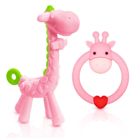 Picture of SHARE&CARE BPA Free Silicone Giraffe Baby Teether Toy with Storage Case, for 3 Months Above Infant Sore Gums Pain Relief and Baby Shower, Baby Teething Toys (Pink)