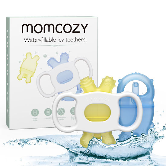 Picture of Momcozy Baby Teether Toys, Water Fillable Teether Silicone Cold Teether, Baby Teething Toys Chill Teether, Baby Water Teether for Teething Relief 0-12 Months, Blue and Yellow 2 Pcs