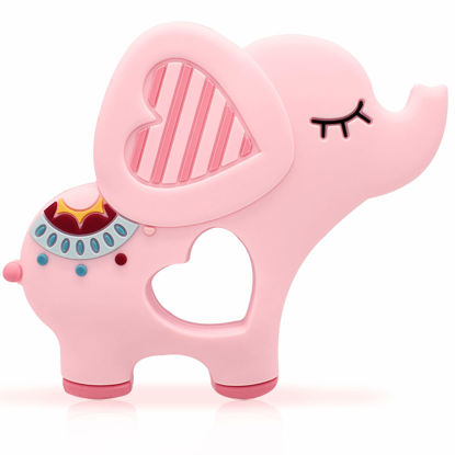 Picture of Bigspinach Soft Pink Elephant Teether Toy for Babies 3-6/6-12 Months Silicone Teething Toy Gift for Girls Gum Massager Anxiety Relief Items