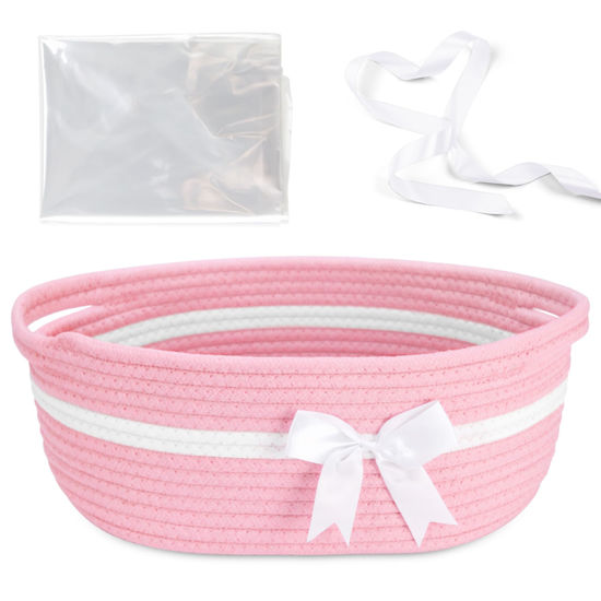 Picture of Yeeeasy Gift Basket with Bow and Gift Bag Simplicity Home Decor Rope Basket for Gifts Empty 13.5"X 8.5" X 5.5" Storage Basket Baby Toy Basket with Handles, Pink