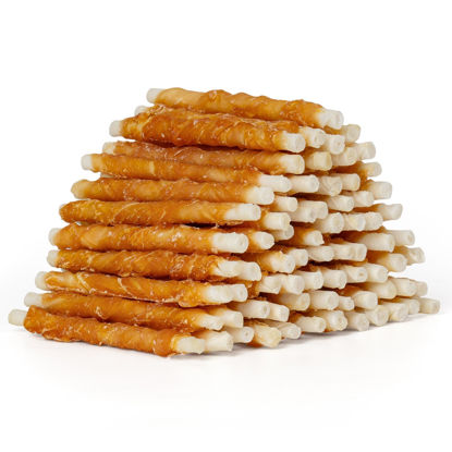 Picture of MON2SUN Dog Treats, 5 Inch Rawhide Twist Chicken Hide Sticks, Suitable for Puppy and Small Dogs, 5 Inch (Chicken, Pack of 75)