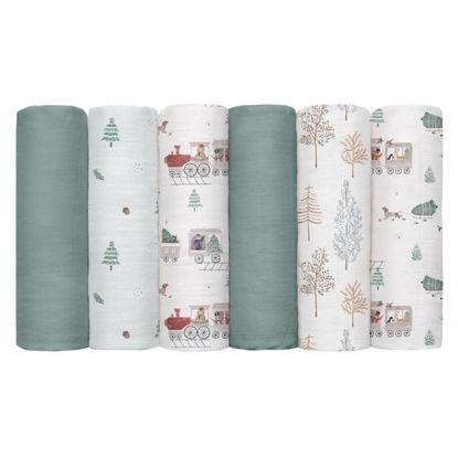 Picture of GLLQUEN BABY Receiving Blanket Boy Cotton Muslin Swaddle Blankets Girl Newborn Squares Breathable & Soft Thin Baby Blankets Cloths Double Absorbent Infant Swaddling Wrap - 6 Pack (Pine Tree & Train)