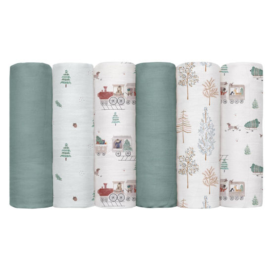 Picture of GLLQUEN BABY Receiving Blanket Boy Cotton Muslin Swaddle Blankets Girl Newborn Squares Breathable & Soft Thin Baby Blankets Cloths Double Absorbent Infant Swaddling Wrap - 6 Pack (Pine Tree & Train)