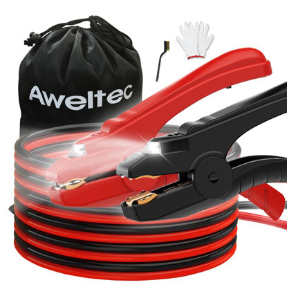 Picture of AWELTEC Jumper Cables with LED Light - 6 Gauge 16 Feet Battery Heavy Duty Booster Cables (6AWG x 16Ft) with Carrying Bag, Safety Gloves and Iron Brush