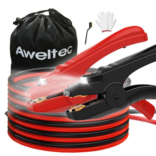 Picture of AWELTEC Jumper Cables with LED Light - 6 Gauge 16 Feet Battery Heavy Duty Booster Cables (6AWG x 16Ft) with Carrying Bag, Safety Gloves and Iron Brush