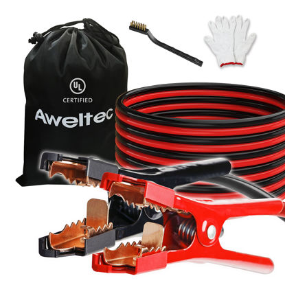 Picture of AWELTEC UL-Listed Jumper Cables - 2 Gauge 20 Feet Battery Jumper Cables for Car, Heavy Duty Booster Cables (2AWG x 20Ft) with Carry Bag, Safety Gloves and Iron Brush