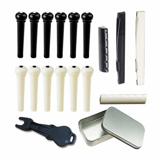Picture of 12pcs Acoustic Guitar Bridge Pins Pegs and 2 Set Saddle Nut with 1pc Bridge Pin Puller Remover, Ivory & Black-Jinlop