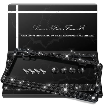 Picture of QUANQIUFEI 2 Pack Bling License Plate Frames, Sparkly Rhinestone Diamond Car License Plate Cover for Women, Stainless Steel Car Accessories with Glitter Crystal Caps (Black)