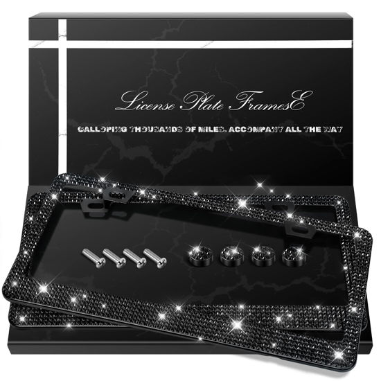 Picture of QUANQIUFEI 2 Pack Bling License Plate Frames, Sparkly Rhinestone Diamond Car License Plate Cover for Women, Stainless Steel Car Accessories with Glitter Crystal Caps (Black)