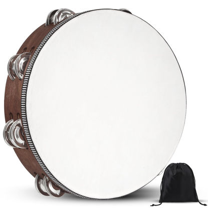 Picture of Tambourine, Tambourines for Adults, 10 Inches Wooden Hand Held Percussion Tambourine with Storage Bag, Tambourines Musical Instrument for Church, Wedding, Party, Dance, Photo Shoot