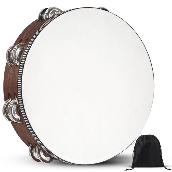 Picture of Tambourine, Tambourines for Adults, 10 Inches Wooden Hand Held Percussion Tambourine with Storage Bag, Tambourines Musical Instrument for Church, Wedding, Party, Dance, Photo Shoot