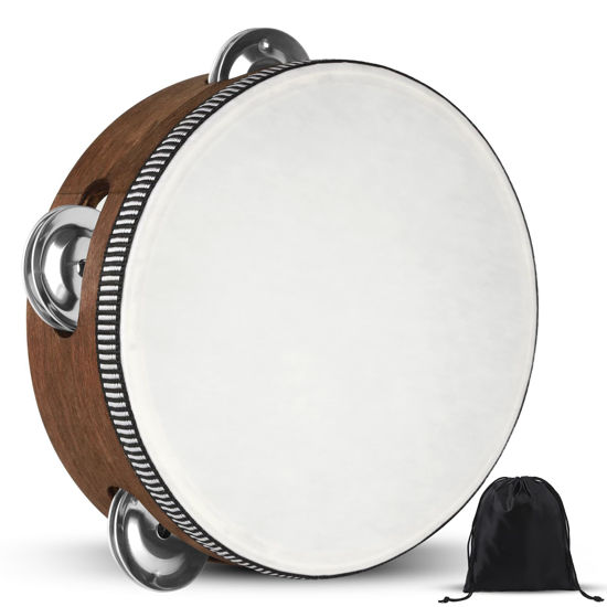 Picture of Tambourine, Tambourines for Kids, 6 Inches Wooden Hand Held Percussion Tambourine with Storage Bag, Tambourines Musical Instrument for Church, Wedding, Party, Dance, Photo Shoot