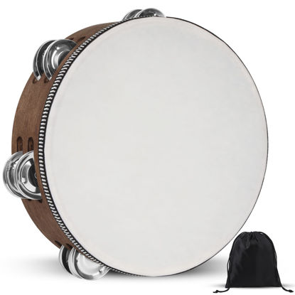 Picture of Tambourine, Tambourines for Adults, 8 Inches Wooden Hand Held Percussion Tambourine with Storage Bag, Tambourines Musical Instrument for Church, Wedding, Party, Dance, Photo Shoot