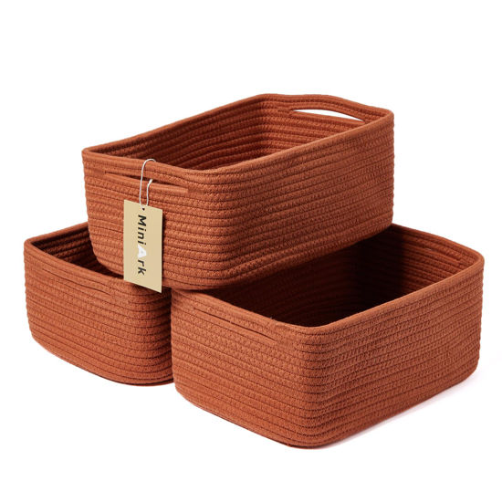 Picture of MiniArk Shelf Storage Baskets for Organizing | Closet Organizer Bins | Small Baskets | Toy Basket | Cute Decorative Basket | Cube Storage Bin | Woven Rope Basket | 13×8.5×5.1” | 3 Packs Oxide Red