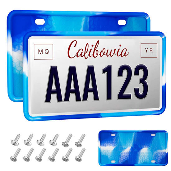 Picture of QiqaMole 2 Pack Silicone License Plate Frame Front Back License Plate Cover License Plate Bracket Holder Rust-Proof, Rattle-Proof, Weather-Proof, for US CA Standard Cars (Mixed Blue)