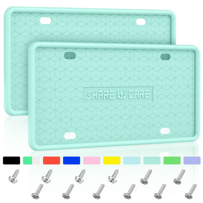Picture of QiqaMole 2 Pack Silicone Frame Front Back License Plate Cover/ Bracket Holder Rust-Proof, Rattle-Proof, Weather-Proof, for US CA Standard Cars (Light Green)