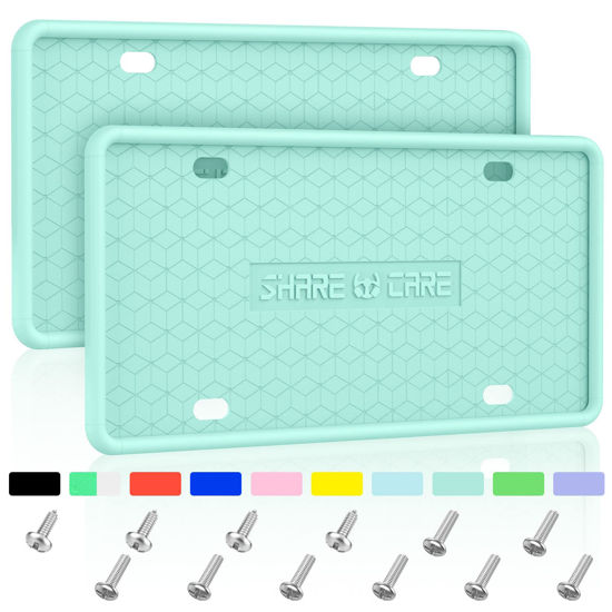 Picture of QiqaMole 2 Pack Silicone Frame Front Back License Plate Cover/ Bracket Holder Rust-Proof, Rattle-Proof, Weather-Proof, for US CA Standard Cars (Light Green)
