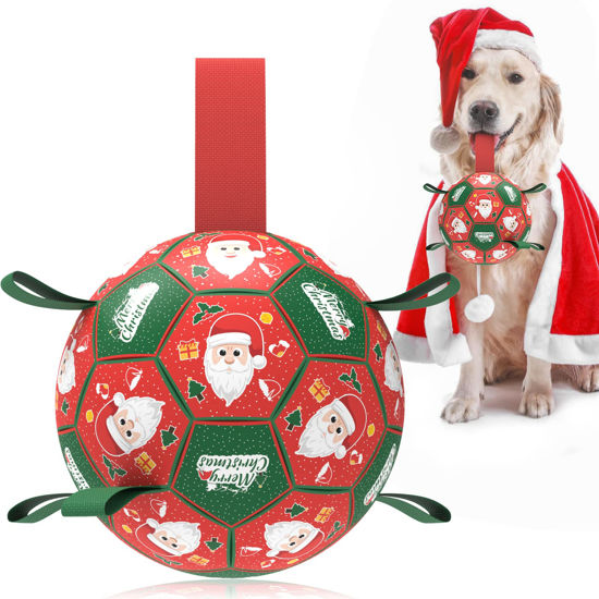 Picture of QDAN Christmas Dog Toys Soccer Ball with Straps, Outdoor Interactive Dog Toys for Tug of War, Puppy Birthday Gifts, Dog Tug Toy, Dog Water Toy, Durable Dog Balls for Medium & Large Dogs（8 Inch）