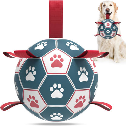 Picture of QDAN Dog Toys Extra Large Soccer Ball with Straps, Interactive Toys for Tug of War, Puppy Birthday Toy, Dog Water Toy, Dog Balls for Large Dog -Blue&Red (9 Inch)