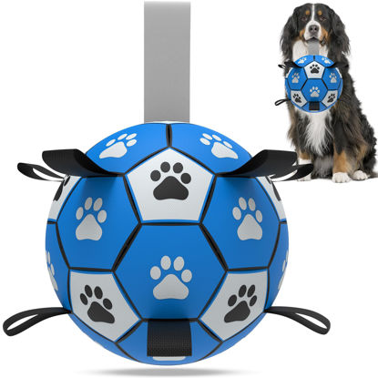 Picture of QDAN Extra Large Dog Toys Soccer Ball - Durable Dog Balls for Extra Large Dogs with Straps, Outdoor Dog Toys, Dog Water Toy, Herding Ball (9 Inch)