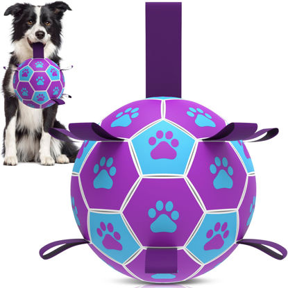 Picture of QDAN Dog Toys Soccer Ball - Durable Dog Balls with Strap for Medium Small Dogs, Puppy Birthday Gifts, Dog Tug Toy for Tug of War (8 Inch)